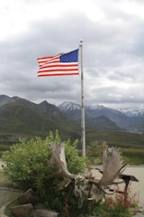 An Idaho mountain landscape with a waving American flag in the foreground.