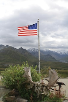 An Idaho mountain landscape with a waving American flag in the foreground.