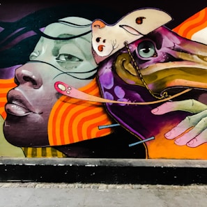 A vibrant street art mural featuring a stylized face in profile, blending into abstract elements with bold lines and colors. The piece includes flowing hair-like shapes and geometric patterns, alongside surreal imagery like an animal mask and elongated hands.