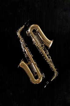 Two brass saxophones are displayed against a solid black background. The instruments are gleaming, revealing intricate details and the curves of the saxophone body. The lighting highlights the shiny, reflective surface of the brass.