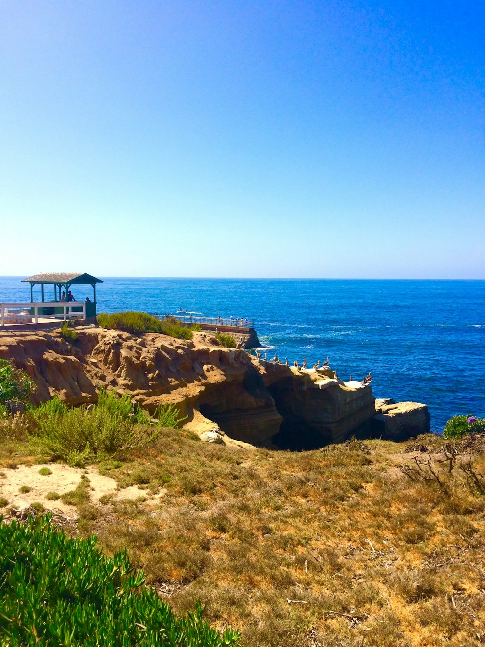 a gazebo sitting on top of a cliff next to the ocean