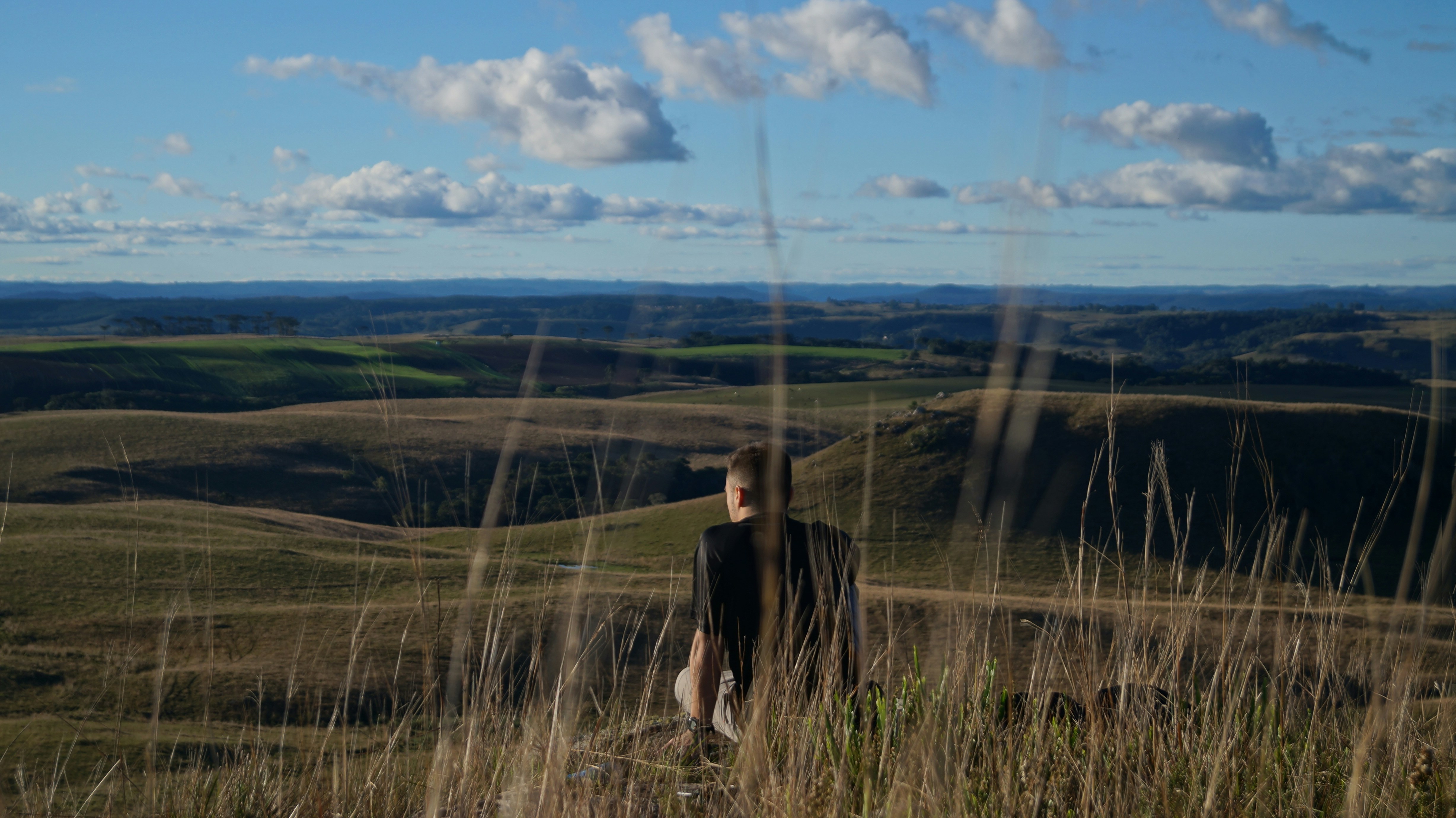 a woman standing on top of a lush green hillside