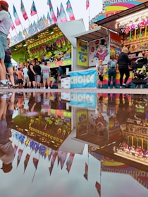 A lively community carnival booth showcasing various emerging sports.