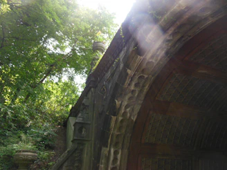 Sunlight filtering through tall trees onto a rustic wooden arch adorned with wildflowers and greenery.