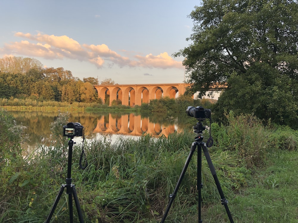 black DSLR camera on black tripod standing on grass field