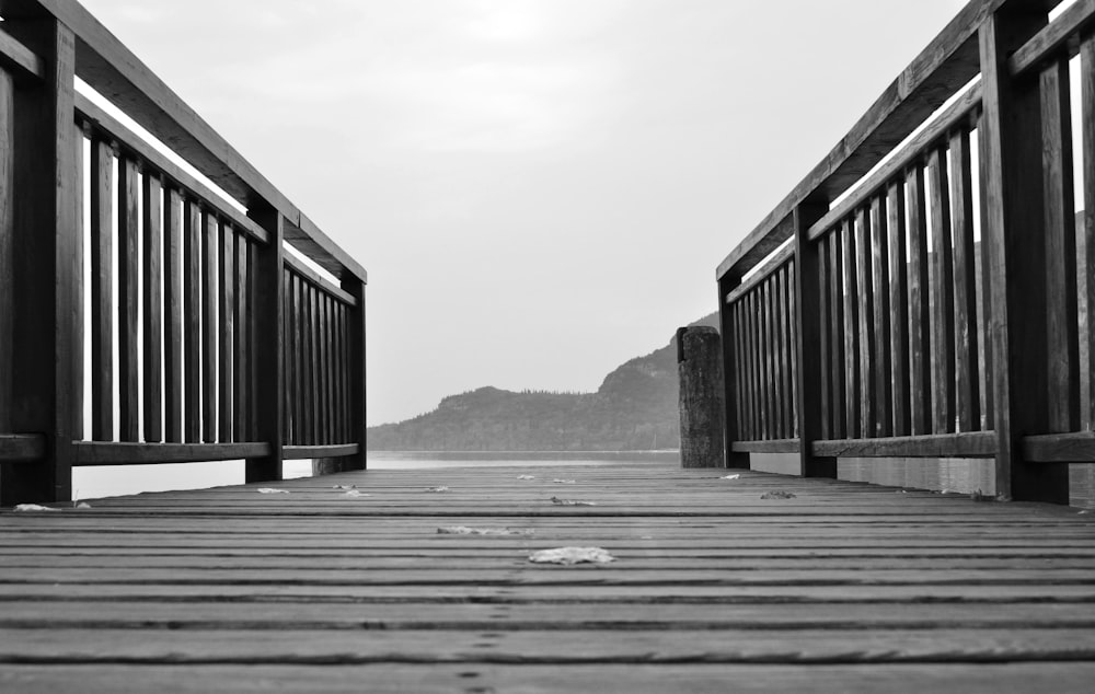 greyscale photography of dock