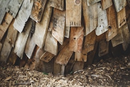 An array of overlapping wooden planks with various textures and shades of brown, beige, and grey. The curved structure suggests a rustic or natural design, perhaps part of a roof or wall. Wood chips and debris lie scattered on the ground beneath.