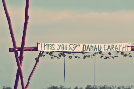A sign made of wood and vines with the words 'I MISS YOU' followed by a heart drawing and 'DANAU CARAMIN' in large, painted letters. The sign is attached to wooden poles, set against a hazy sky and distant foliage.