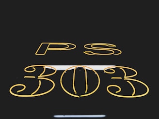 Neon yellow letters and numbers form 'PS 303' against a dark background, showcasing a bold and stylized font.