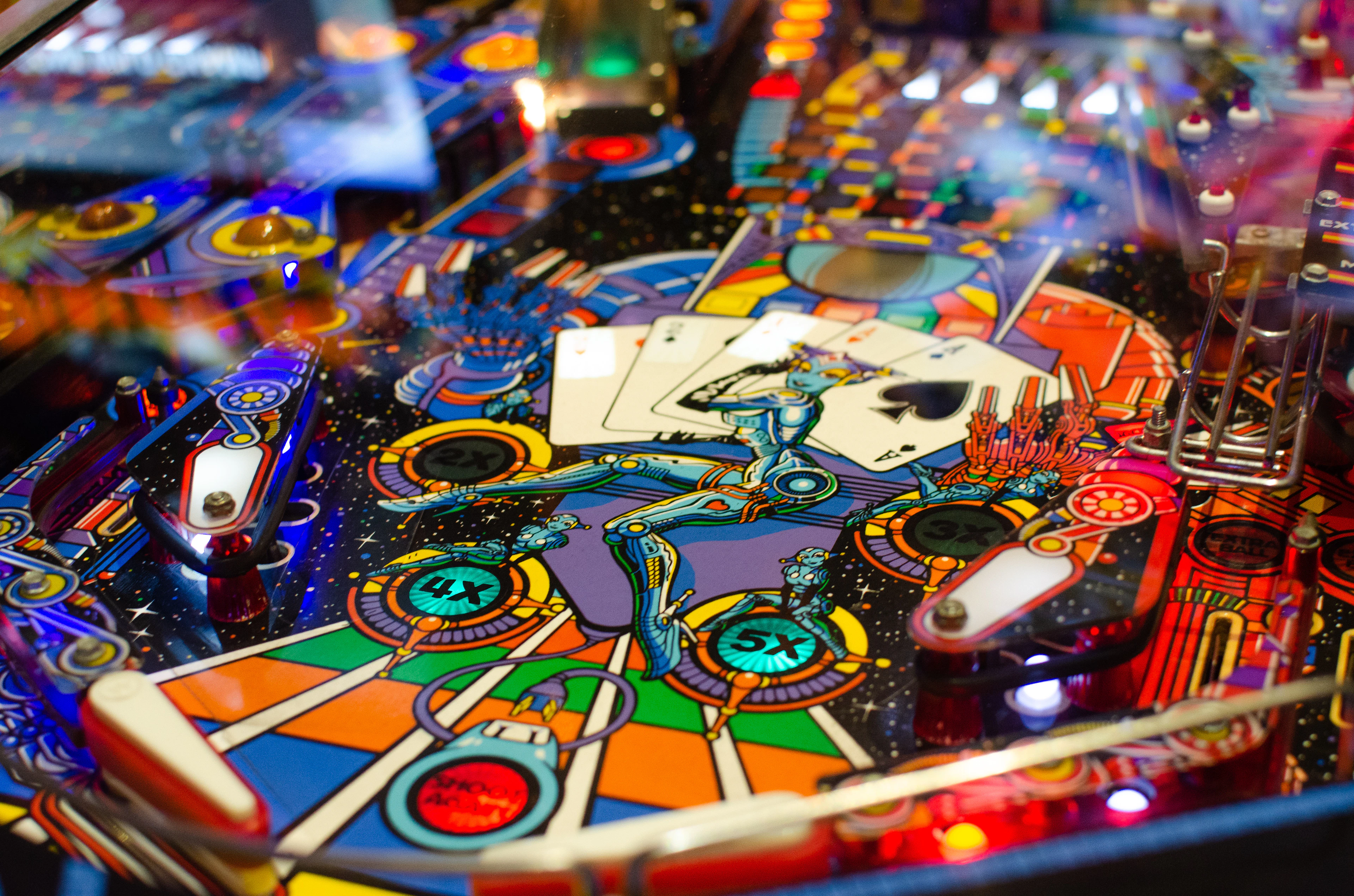 Gros plan sur le plateau coloré d'un flipper
