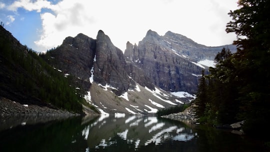 trees beside mountain near body of water in Lake Agnes Canada