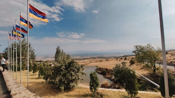 A scenic landscape showcasing land boundaries marked by survey flags.