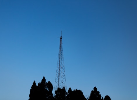 A tall metal radio or television tower stands against a clear blue sky, with silhouetted trees at the base.