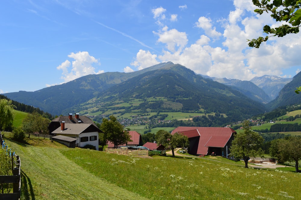 brown and red houses near green grass fields and mountain view \