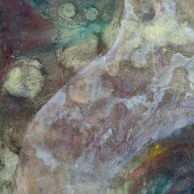A textured painting with layered pigments creating a portal-like effect, inviting inward reflection.