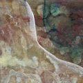 An abstract composition featuring a blend of earthy tones with a mixture of swirling patterns and textures. The image incorporates a palette of muted greens, browns, and beige, punctuated by subtle splashes of darker hues. The surface appears textured and layered, creating a rich, complex visual effect.