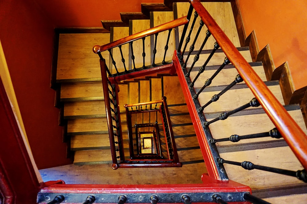 Gray Staircase With Brown Wooden Railings Photo Free Banister