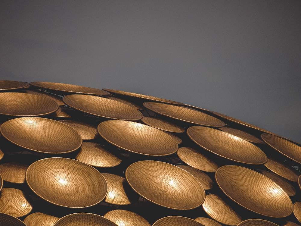 a close up of a bunch of plates on a table