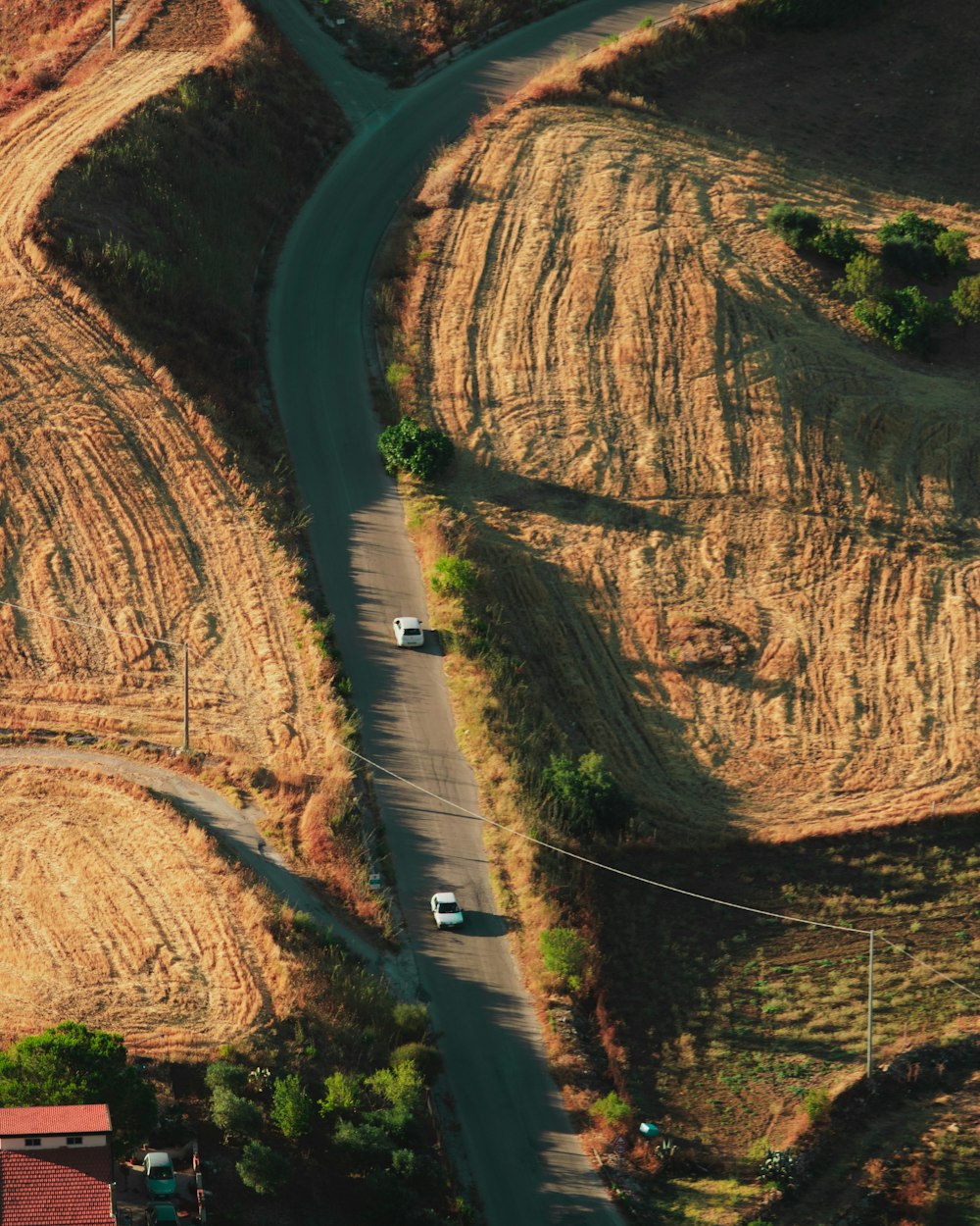 fotografia aérea de dois veículos viajando na estrada durante o dia