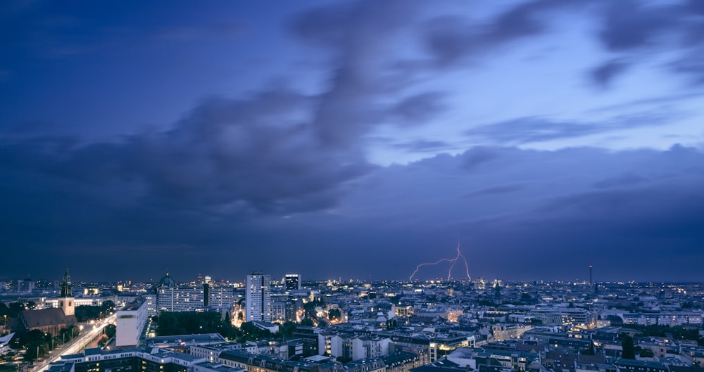 city skyline during night time