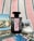 A black perfume bottle with a decorative label is placed on a striped fabric background. Surrounding the bottle are several postcards featuring scenes with flamingos, horses, and natural landscapes, as well as a small dish filled with coarse salt.