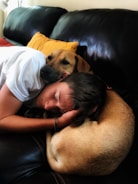 A pet owner and sitter enjoying cuddle time with a dog.