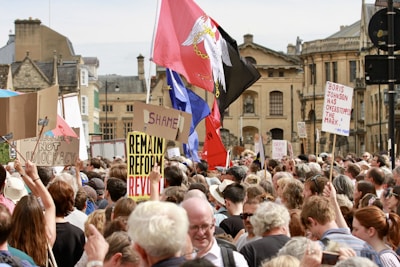 A large group of protestors gather in a city center, holding various signs and banners. The scene is bustling with people standing close together, many of whom have their backs to the camera. Signs include slogans like 'Democracy not Idiocracy' and 'Remain Reform Revolt.' Some flags are also visible among the crowd with a backdrop of historic buildings.