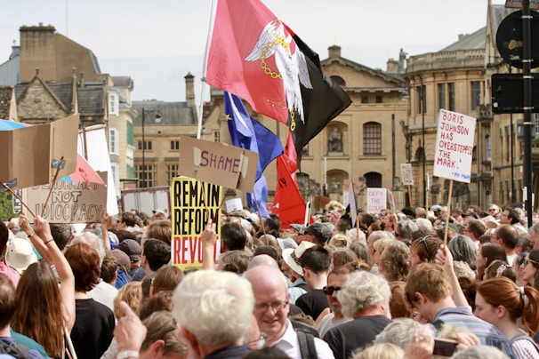 A large group of protestors gather in a city center, holding various signs and banners. The scene is bustling with people standing close together, many of whom have their backs to the camera. Signs include slogans like 'Democracy not Idiocracy' and 'Remain Reform Revolt.' Some flags are also visible among the crowd with a backdrop of historic buildings.