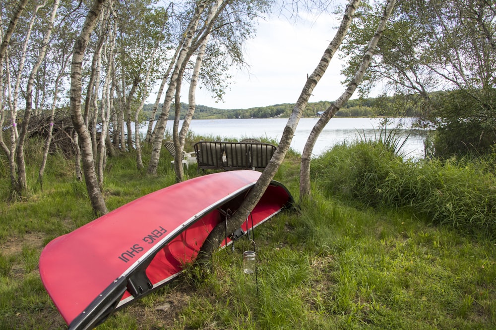 red boat on grass field