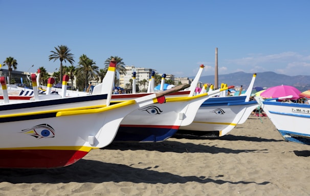 lined boats on seashore