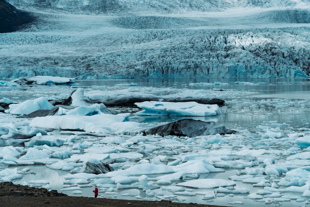 person standing beside frozen lake