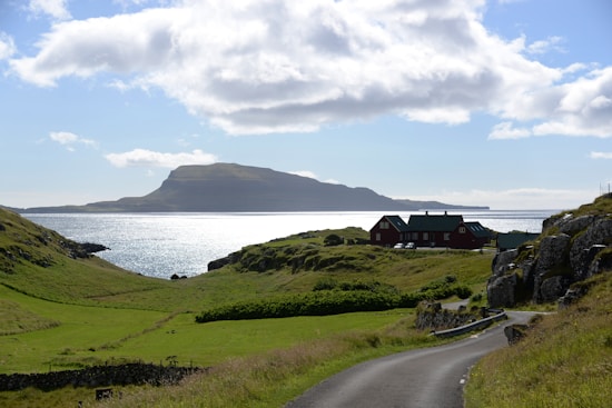 A peaceful landscape featuring a narrow winding road leading through lush green fields toward a cluster of red-roofed houses. The background showcases a serene body of water with a large, distant island partially covered by scattered clouds.