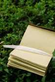 Close-up of a vintage journal and pen resting on a seafoam mist colored blanket on the beach