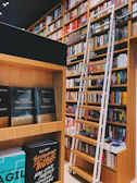 An inviting library scene with shelves of books.