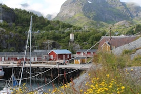A scenic coastal village set amidst lush green mountains with low-hanging clouds. Several red and yellow wooden buildings line the waterfront, reflecting traditional Norwegian architecture. A sailboat is docked at the pier, and wildflowers bloom in the foreground.