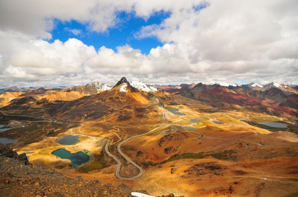 aerial view of mountains under white clouds