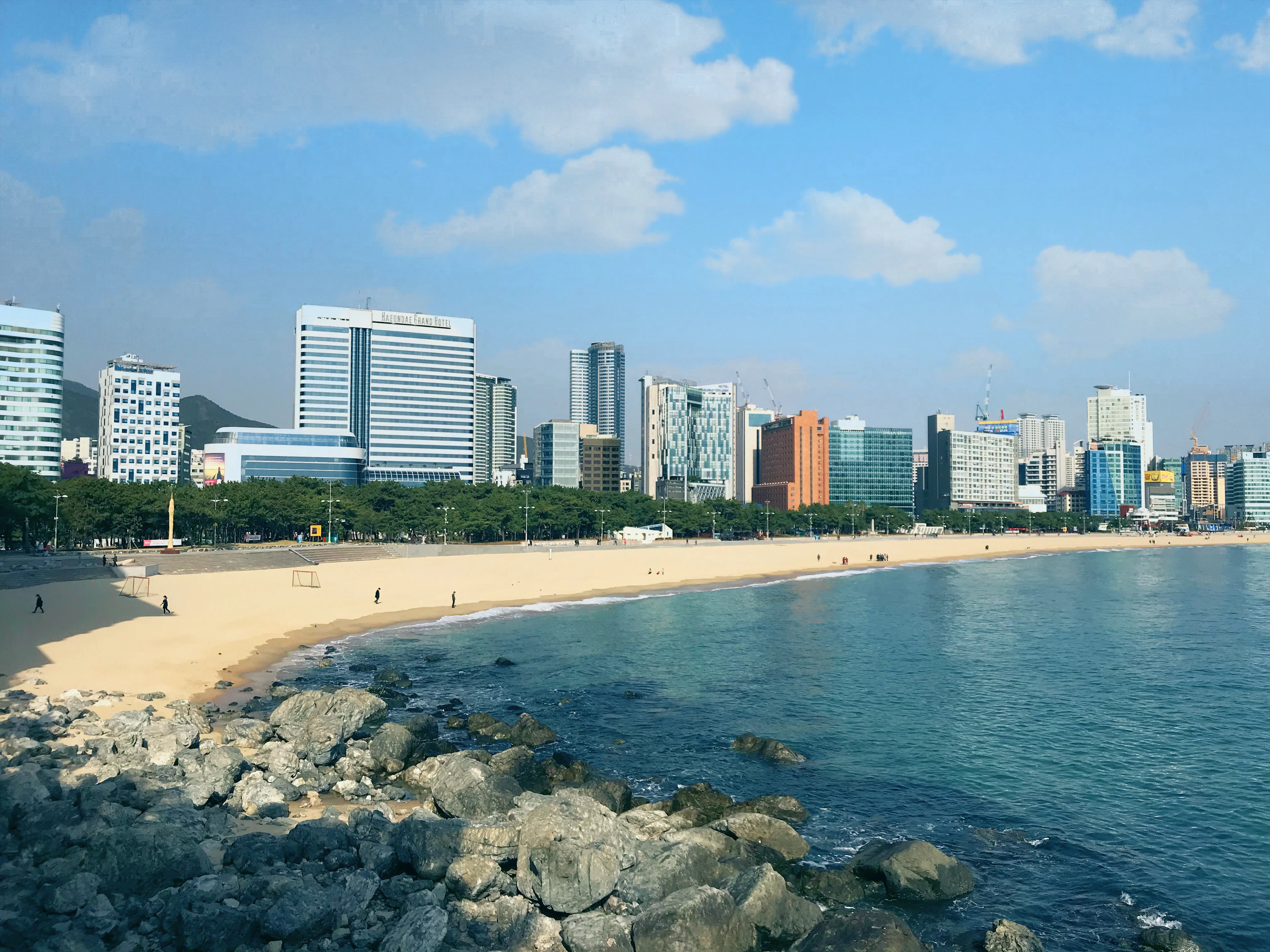 The long empty crescent of Haeundae Beach in Busan on a bright clear day, a handful of walkers on the pale sand, the pine promenade and the district's towers rising behind, with dark rocks in the foreground.