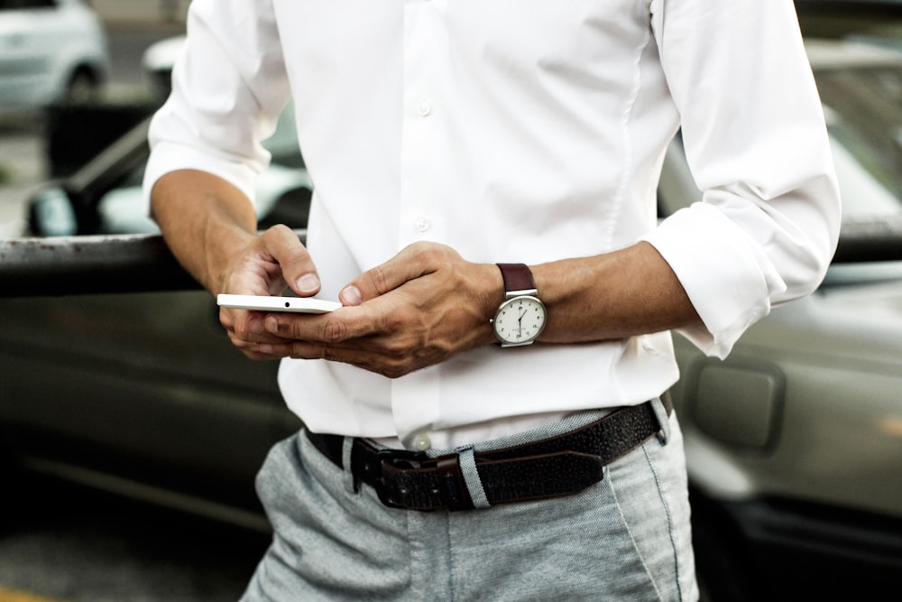 men's white button-up long-sleeved shirt