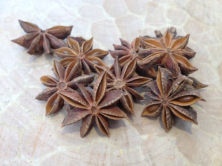 Several star anise pods are arranged on a light wooden surface. The pods have a star-shaped appearance with a dark brown color and a textured, rough surface. The seeds inside the pods are glossy and dark, providing a contrast to the outer shell.