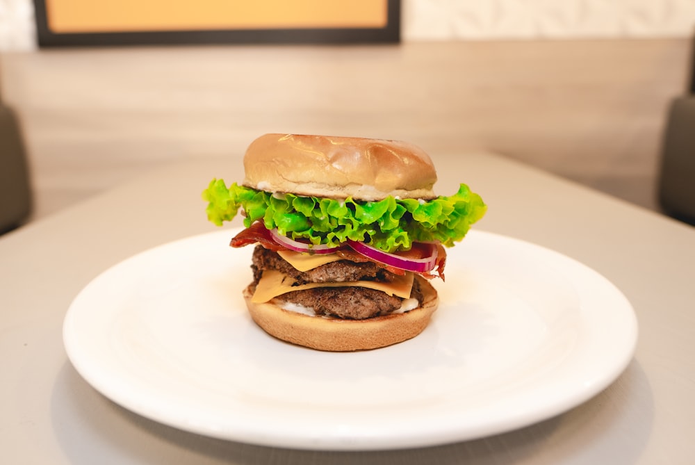 burger on white ceramic plate