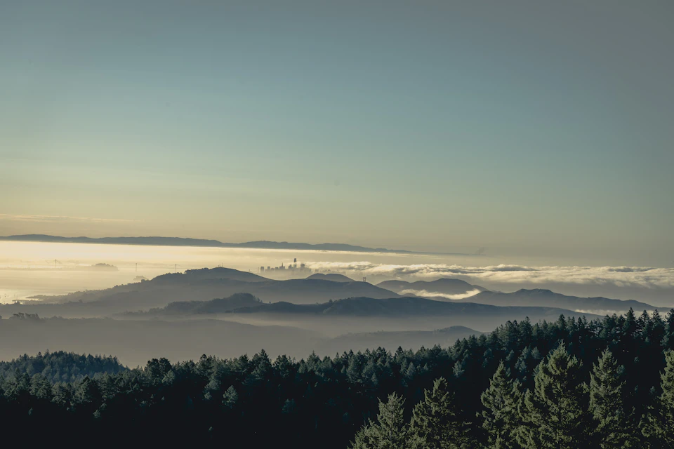The image depicts a breathtaking view of a mountain range, with a hazy blue sky and white clouds above. The mountains are covered in dense fog, creating an ethereal atmosphere. In the foreground, there is a forested area filled with tall trees that add depth to the scene. The perspective of the photo suggests it was taken from a high vantage point, possibly on top of one of the mountains or near their base.