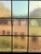 A grid of nine textured glass panes, each with varying warm hues like amber, green, and blue. The glass surface appears rippled, creating an abstract and distorted view that softly blurs the passage of light through it.
