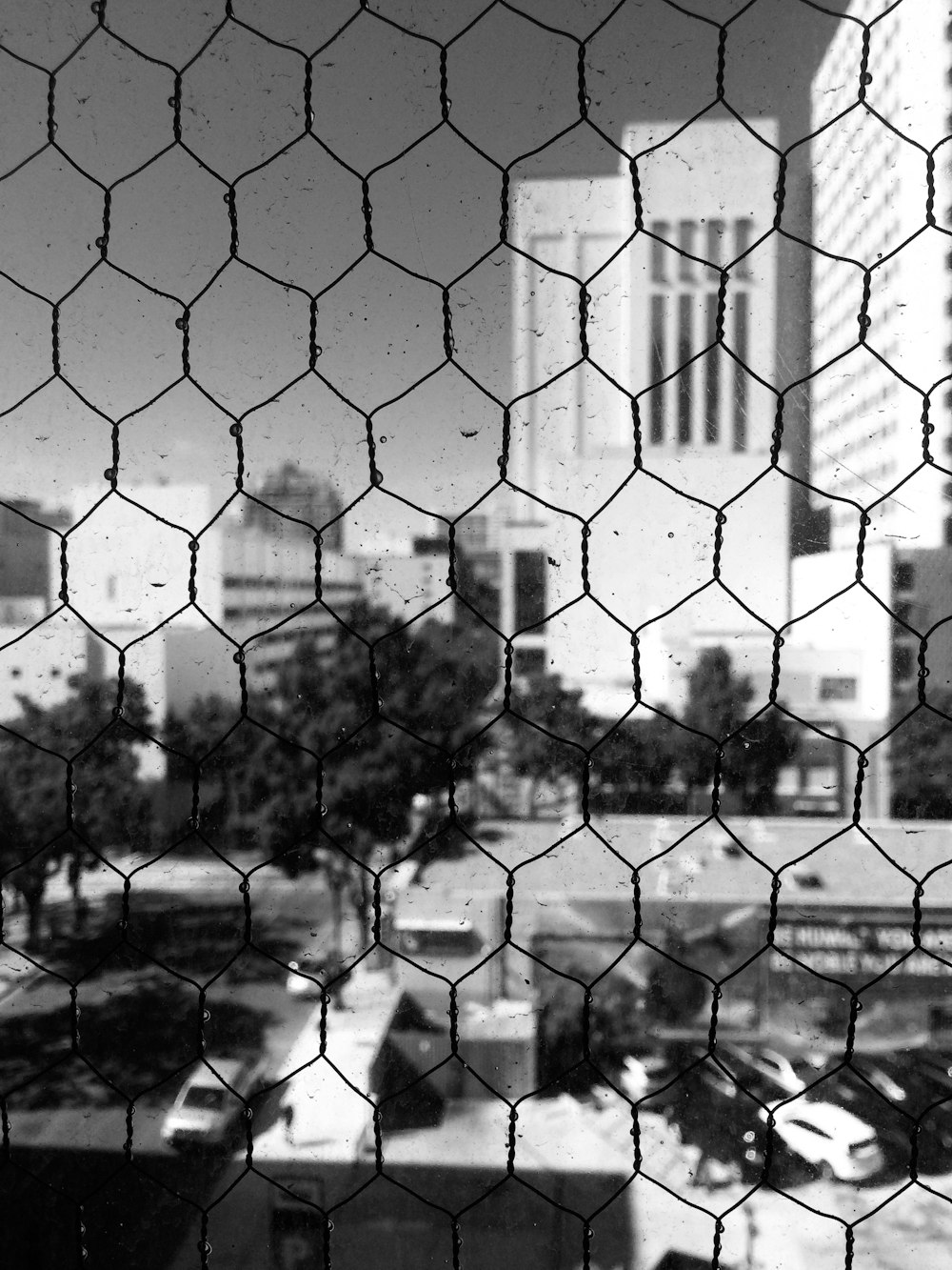 brown metal screen across city building grayscale photo