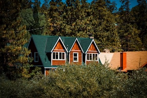 A charming wooden house is nestled among lush green pine trees. The house features a steep, dark green roof and multiple windows on the upper floor with white frames. Its warm wood paneling contrasts with the surrounding greenery. A sloped, light brown roof of a nearby structure is partially visible.