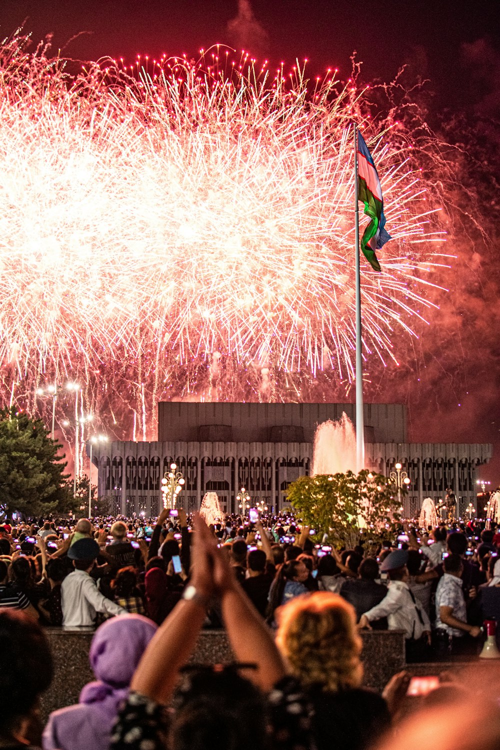 fireworks above people, flag, and building