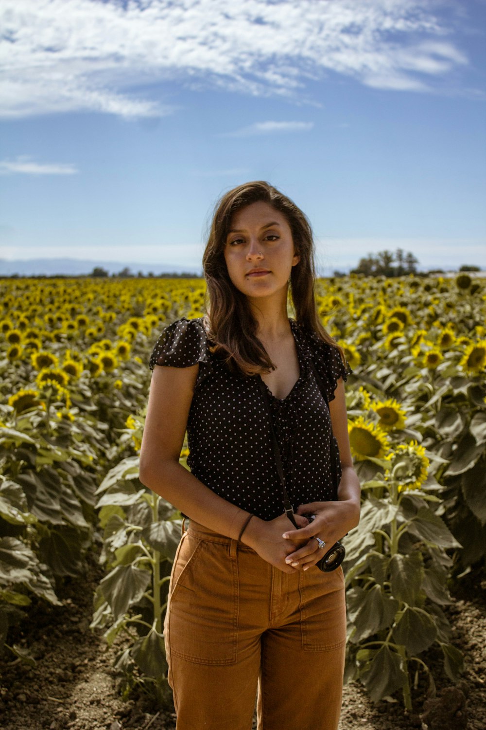 woman standing near sunflower field