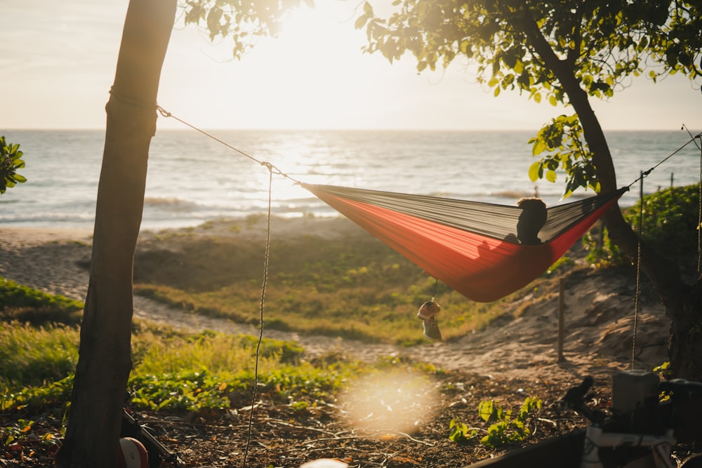 man on red and black hammock