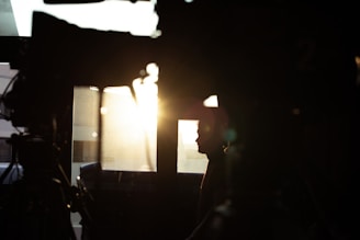 Person standing peacefully next to a sleek aluminum acoustic window, sunlight filtering through.