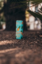 A colorful beverage can is placed on the ground, surrounded by an outdoor setting with palm leaves partially visible in the background. The can is designed with tropical motifs, such as pineapples and leaves, and features a vibrant turquoise color.