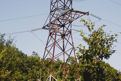 A metal electricity pylon stands among lush green trees against a clear blue sky. The structure features intersecting beams and multiple insulators on its arms, with power lines extending outward.